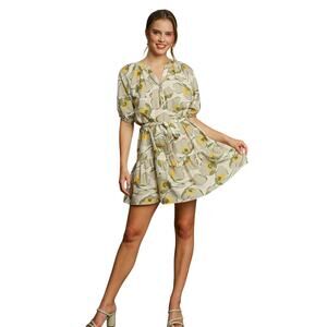 Umgee Floral Puff Sleeve Tie Waist Mini Dress Neutral Sz S NWT
